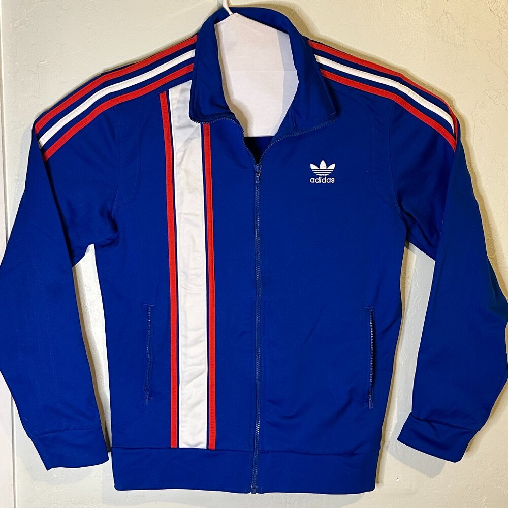 Adidas Sweat Jacket Mens Blue Medium Full Zip 3 Stripes Logo Zipper 90's